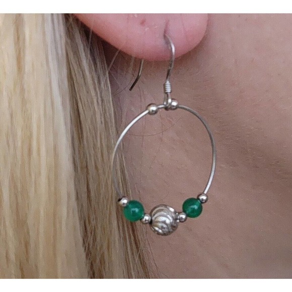 Solid 925 Sterling Silver Fine Jewelry Round Hoop Earrings green Aventurine - Picture 11 of 11